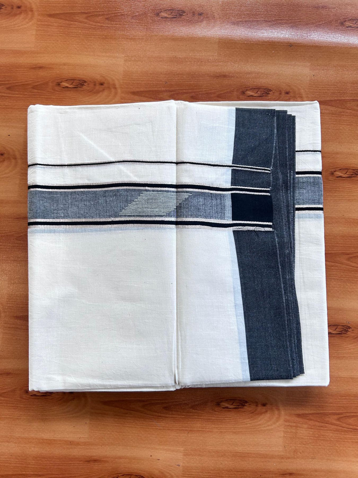 Double Off White (Unbleached) Mundu/Dhoti- 20% Discount! KaithariKada Pure Cotton - 100X80 - 1.5 inch Silver Kasav & Black Jaquard Design Kara - 4 mtr (8.5 Muzham) - 15 KK5510 VAS