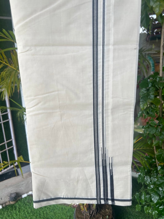 27% DISCOUNT!! KaithariKada Balaramapuram 100% Cotton off white Double - (Unbleached) Mundu/Dhoti-100x100  Puliyilakkara Double Chutty 0.25 inch Black Striped Kara 3.75 mtr (8 Muzham)- 3KK5168ASH