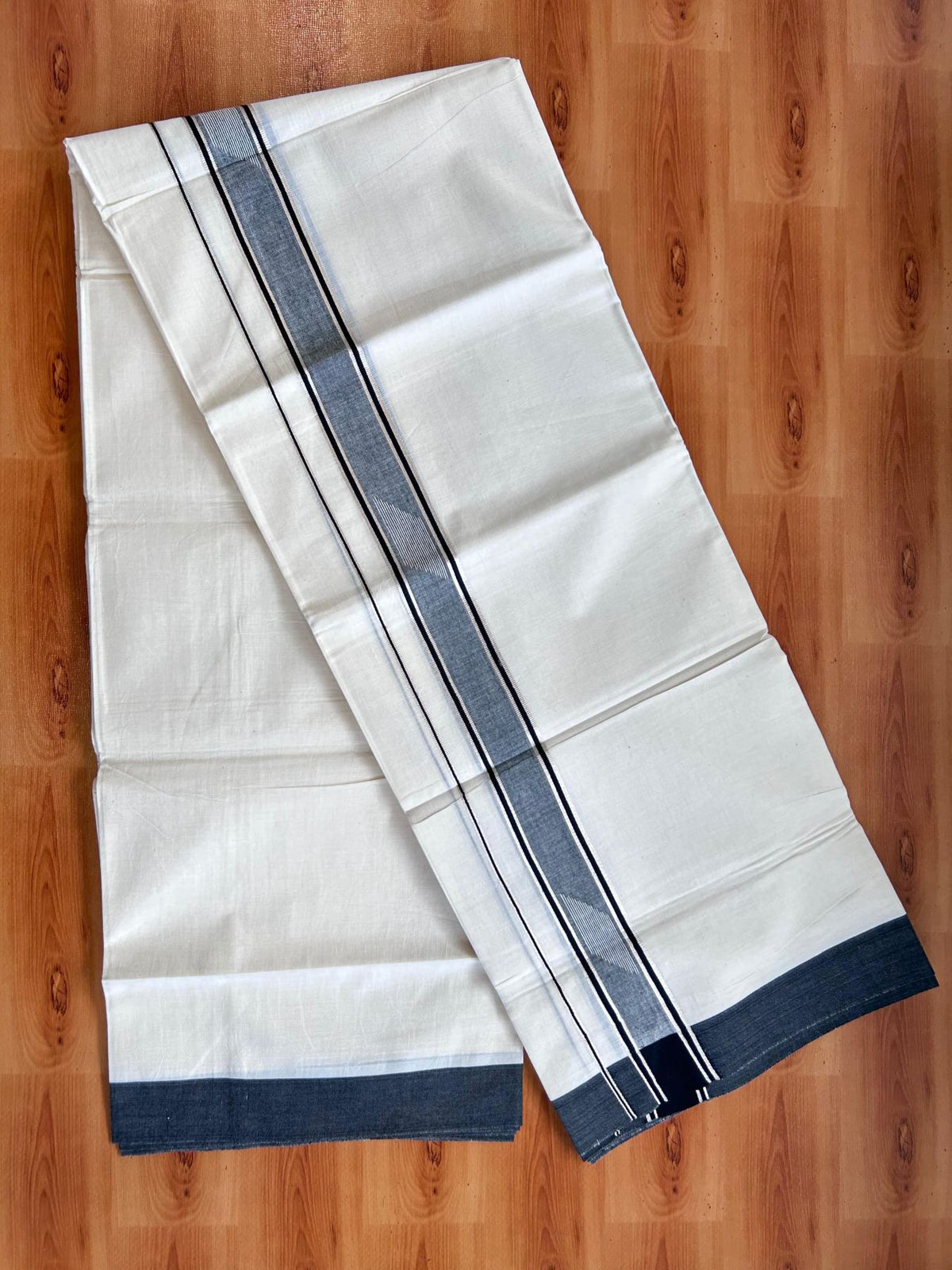 Double Off White (Unbleached) Mundu/Dhoti- 20% Discount! KaithariKada Pure Cotton - 100X80 - 1.5 inch Silver Kasav & Black Jaquard Design Kara - 4 mtr (8.5 Muzham) - 15 KK5510 VAS