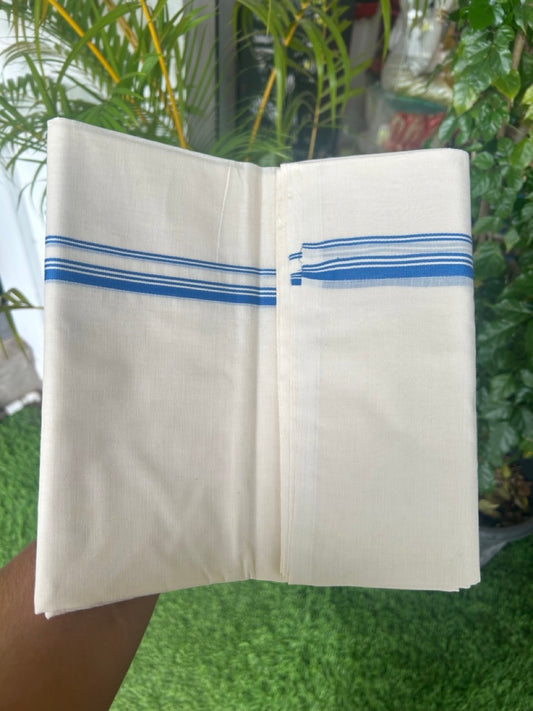 33% DISCOUNT ! KaithariKada Balaramapuram 100% Cotton Double Off white - (Unbleached) Mundu/Dhoti-100X100-  0.75 inch Blue Striped Kara.- 2KK5168ASH