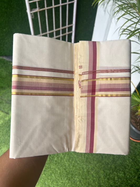 25% DISCOUNT!! KaithariKada HANDLOOM Unakkupaavu Balaramapuram - 100% PURE Cotton Off White (Unbleached) Double Mundu/Dhoti - 1.5 inch Maroon & Cream with Kasavu Stripes - 4KK5169REA