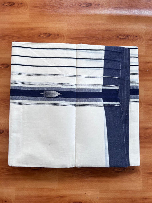 Double Off White (Unbleached) Mundu/Dhoti- 20% Discount! KaithariKada Pure Cotton - 100X80 - 5.5 inch Silver Kasav & Navy Blue Jaquard Design Kara - 4 mtr (8.5 Muzham) - 16 KK5510 VAS