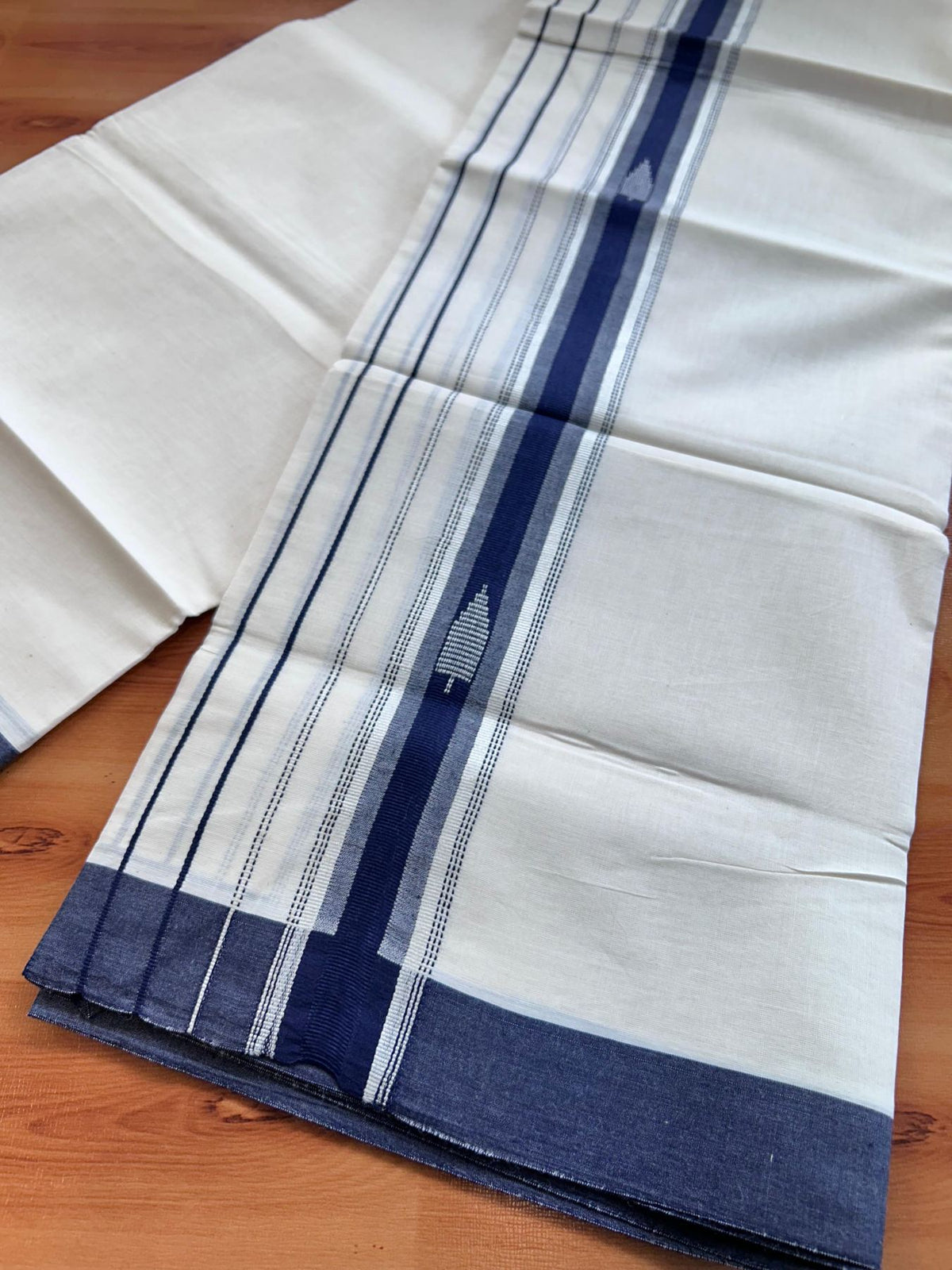 Double Off White (Unbleached) Mundu/Dhoti- 20% Discount! KaithariKada Pure Cotton - 100X80 - 5.5 inch Silver Kasav & Navy Blue Jaquard Design Kara - 4 mtr (8.5 Muzham) - 16 KK5510 VAS