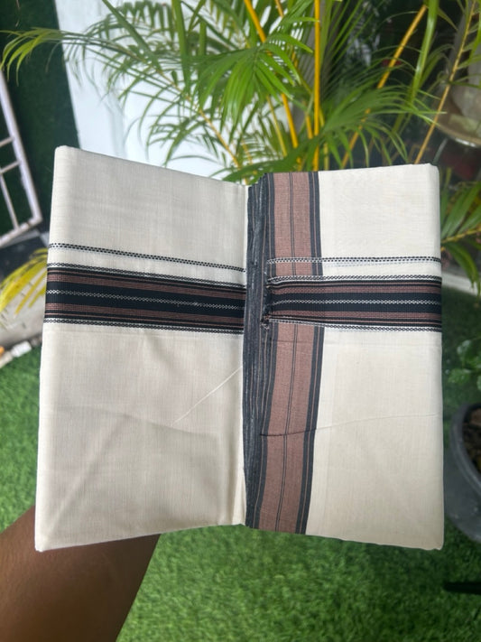 25% DISCOUNT!! KaithariKada HANDLOOM Unakkupaavu Balaramapuram - 100% PURE Cotton Off White (Unbleached) Double Mundu/Dhoti - 1.75 inch Black & Brown Silver Stripes - 1KK5169REA