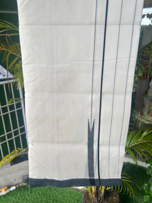 25% DISCOUNT!! KaithariKada HANDLOOM UNAKKUPAAV Balaramapuram - 100% PURE Cotton OFF White Double - (Unbleached) Mundu/Dothi - 4.5 inch Puliyilakkara Black chutty - 5KK5169REA