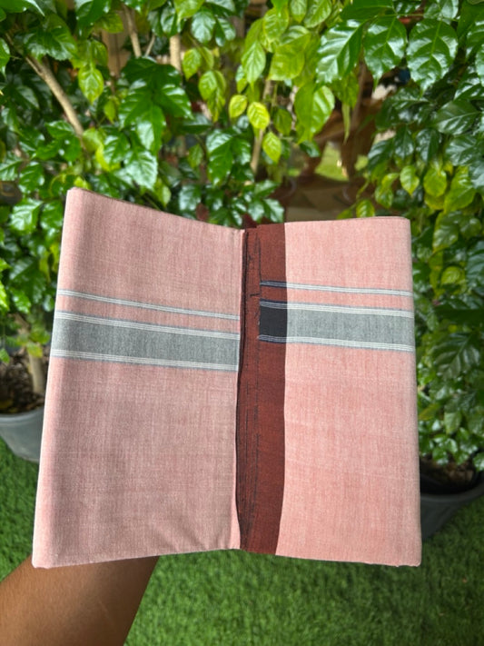 25% Discount ! KaithariKada 100% Cotton Balaramapuram HANDLOOM Single Mundu/Dhoti - Dark Peach Shaded COLOUR BODY & 1.25 inch Navy Blue White Striped Kara (2 meter / 4 muzham) - 5KK5225KAI