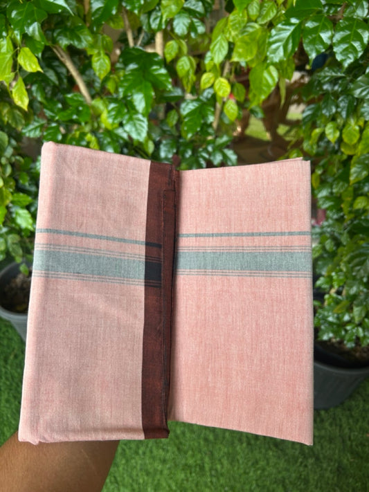 25% Discount ! KaithariKada 100% Cotton Balaramapuram HANDLOOM Single Mundu/Dhoti - Dark Peach Shaded COLOUR BODY & 1.25 inch Black Striped Kara (2 meter / 4 muzham) - 4KK5225KAI