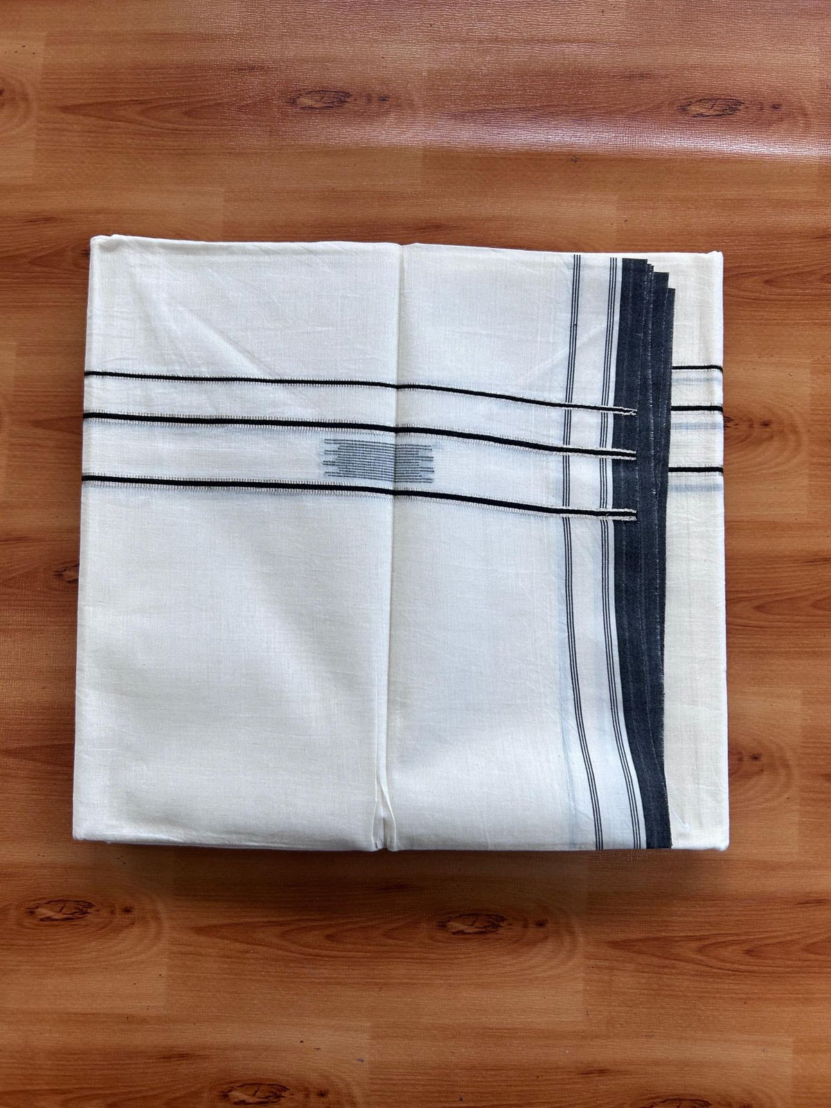 Double Off White (Unbleached) Mundu/Dhoti- 20% Discount! KaithariKada Pure Cotton - 100X80 - 1 inch Silver Kasav & Black Jaquard Design Kara - 4 mtr (8.5 Muzham) - 18 KK5510 VAS