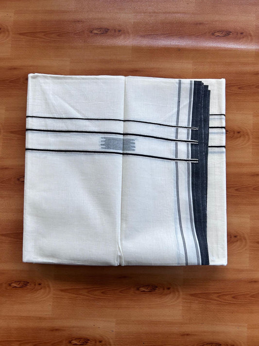 Double Off White (Unbleached) Mundu/Dhoti- 20% Discount! KaithariKada Pure Cotton - 100X80 - 1 inch Silver Kasav & Black Jaquard Design Kara - 4 mtr (8.5 Muzham) - 18 KK5510 VAS