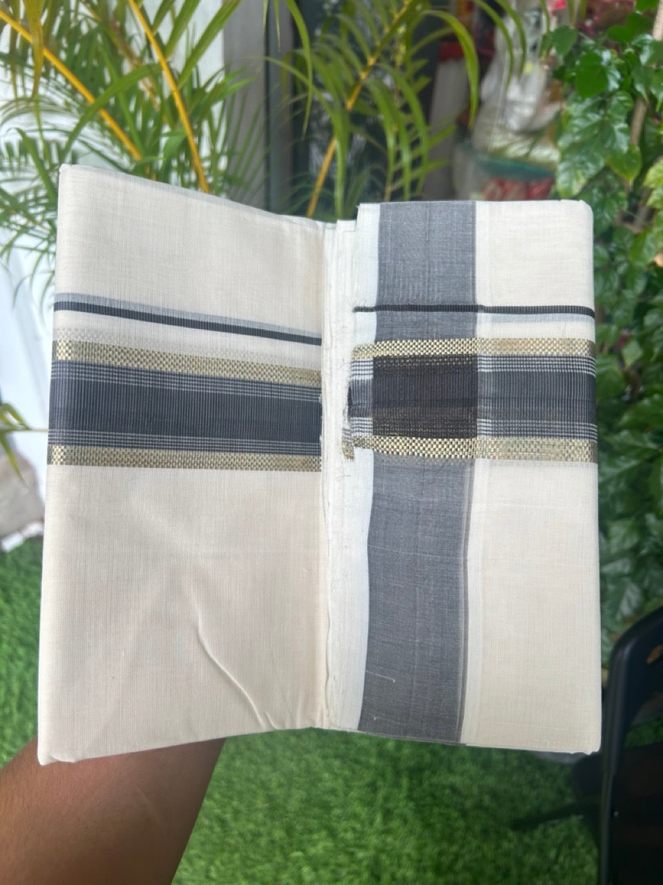 25% DISCOUNT!! KaithariKada HANDLOOM MILLPAAV Balaramapuram - 100% PURE Cotton OFF White - (Unbleached) Double Mundu/Dothi - 2 inch BROWN colour kasavu & Gold Kasavu Striped kara - 1KK5170RAM