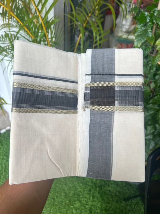 25% DISCOUNT!! KaithariKada HANDLOOM MILLPAAV Balaramapuram - 100% PURE Cotton OFF White - (Unbleached) Double Mundu/Dothi - 2 inch BROWN colour kasavu & Gold Kasavu Striped kara - 1KK5170RAM