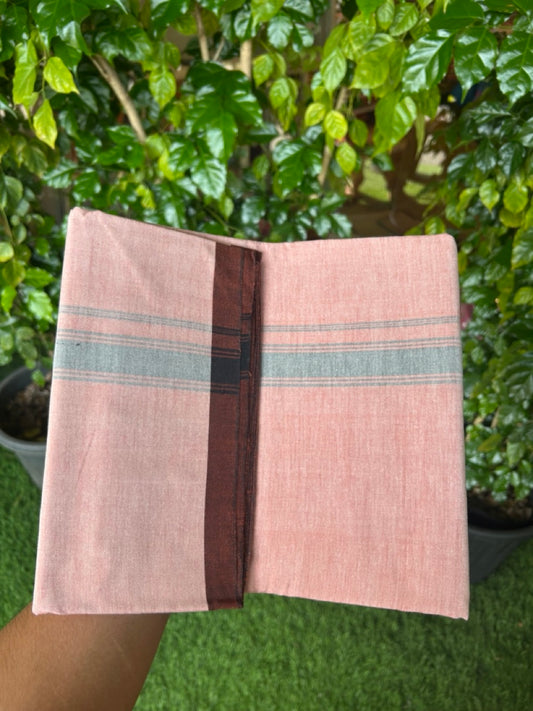 25% Discount ! KaithariKada 100% Cotton Balaramapuram HANDLOOM Single Mundu/Dhoti - Dark Peach Shaded COLOUR BODY & 1.25 inch Black Striped Kara (2 meter / 4 muzham) - 3KK5225KAI