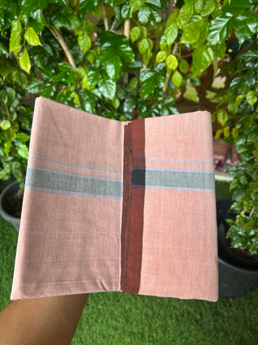 25% Discount ! KaithariKada 100% Cotton Balaramapuram HANDLOOM Single Mundu/Dhoti - Dark Peach Shaded COLOUR BODY & 1.25 inch Black Blue Striped Kara (2 meter / 4 muzham) - 2KK5225KAI