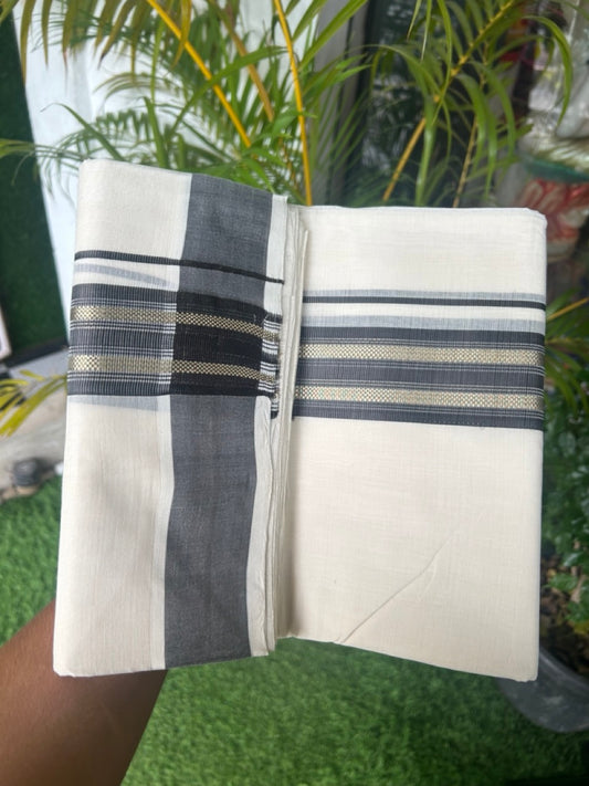 25% DISCOUNT!! KaithariKada HANDLOOM MILLPAAV Balaramapuram - 100% PURE Cotton OFF White - (Unbleached) Double Mundu/Dothi - 2.25 inch BROWN colour kasavu & Gold Kasavu Striped kara - 3KK5170RAM