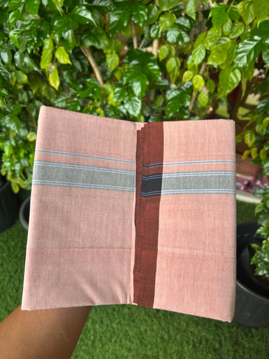 25% Discount ! KaithariKada 100% Cotton Balaramapuram HANDLOOM Single Mundu/Dhoti - Dark Peach Shaded COLOUR BODY & 1.25 inch Black Blue Striped Kara (2 meter / 4 muzham) - 1KK5225KAI