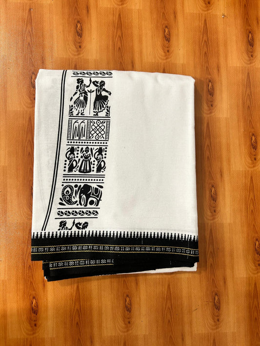 Kaitharikada - Single Kaily / Lungi - Mixed Cotton - 40s twisted - 3 inch Black Printed Design Kuppadam kara with White colour body (2 meter / 4 muzham) - 5 KK8069 GAN