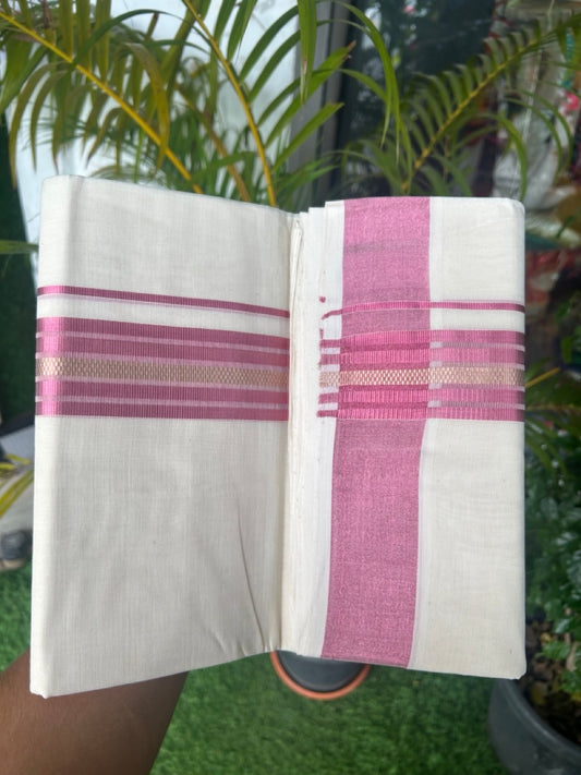 25% DISCOUNT!! KaithariKada HANDLOOM MILLPAAV Balaramapuram - 100% PURE Cotton OFF White - (Unbleached) Double Mundu/Dothi - 2 inch ROSE PINK colour kasavu & Gold Kasavu Striped kara - 4KK5170RAM