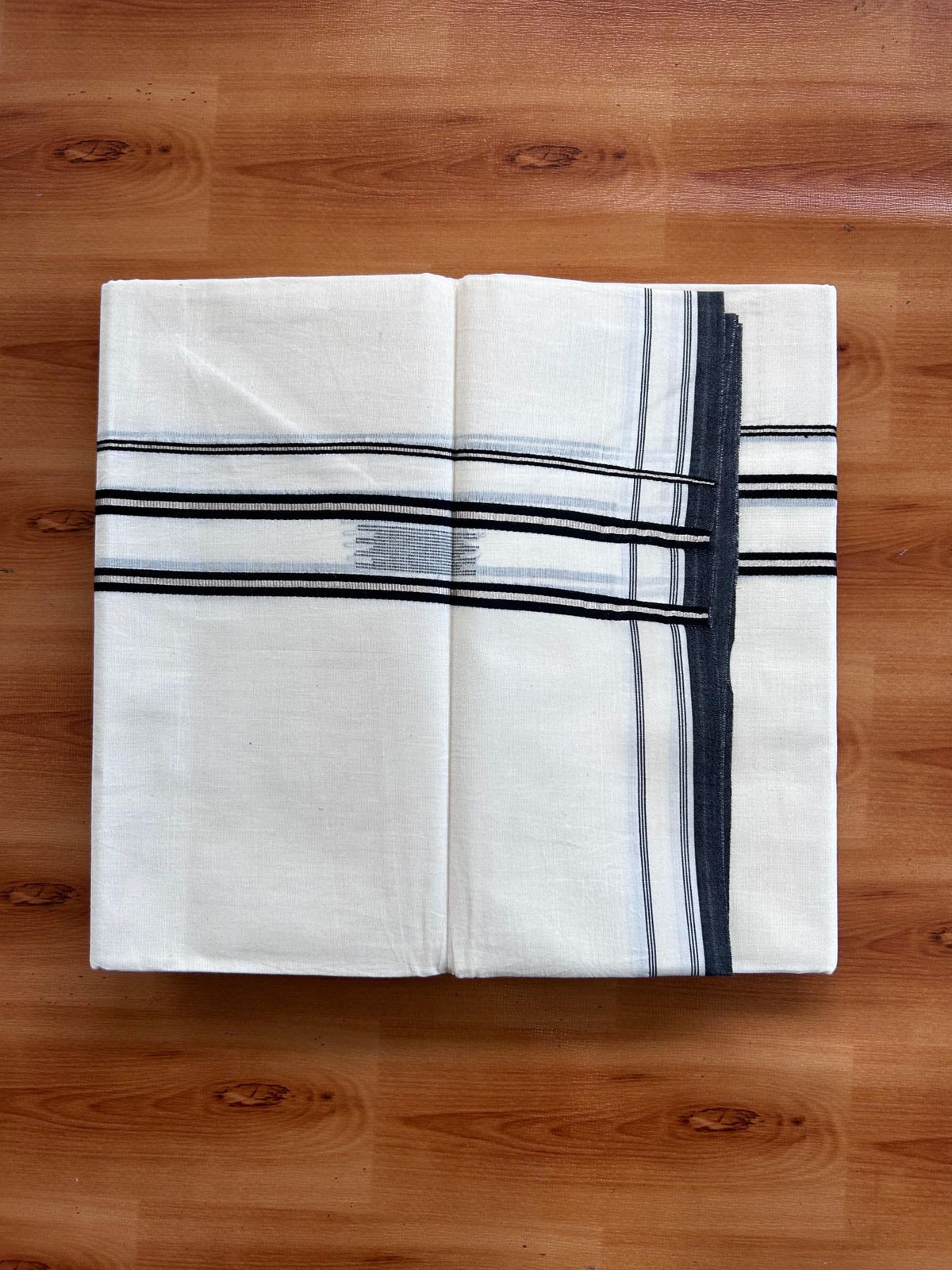 Double Off White (Unbleached) Mundu/Dhoti- 20% Discount! KaithariKada Pure Cotton - 100X80 - 1.5 inch Silver Kasav & Black Jaquard Design Kara - 4 mtr (8.5 Muzham) - 19 KK5510 VAS