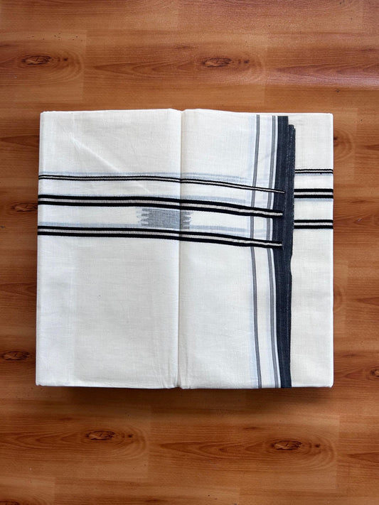 Double Off White (Unbleached) Mundu/Dhoti- 20% Discount! KaithariKada Pure Cotton - 100X80 - 1.5 inch Silver Kasav & Black Jaquard Design Kara - 4 mtr (8.5 Muzham) - 19 KK5510 VAS