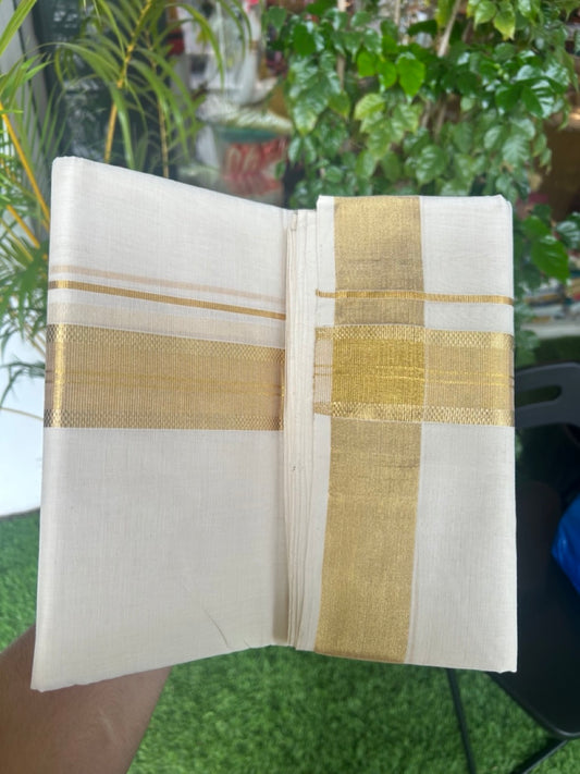 25% DISCOUNT!! KaithariKada HANDLOOM MILLPAAV Balaramapuram - 100% PURE Cotton OFF White - (Unbleached) Double Mundu/Dothi - 2 inch Gold Kasavu design Striped kara - 5KK5170RAM
