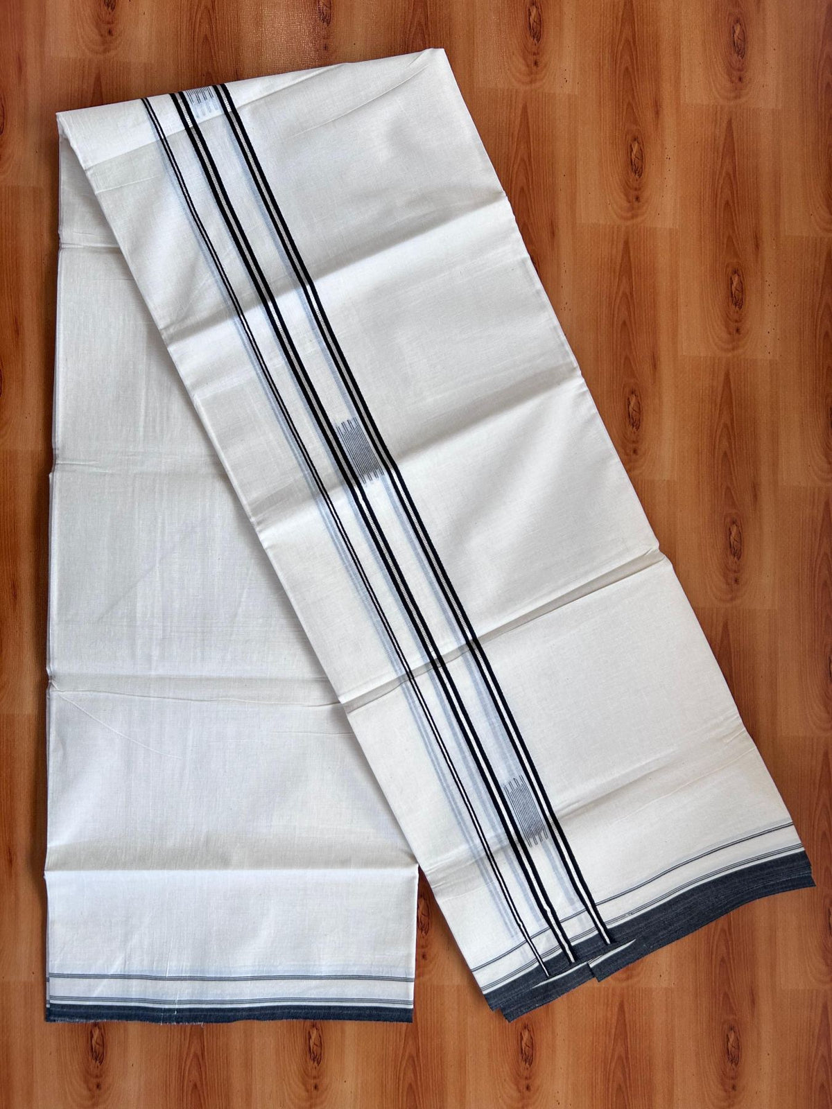 Double Off White (Unbleached) Mundu/Dhoti- 20% Discount! KaithariKada Pure Cotton - 100X80 - 1.5 inch Silver Kasav & Black Jaquard Design Kara - 4 mtr (8.5 Muzham) - 19 KK5510 VAS