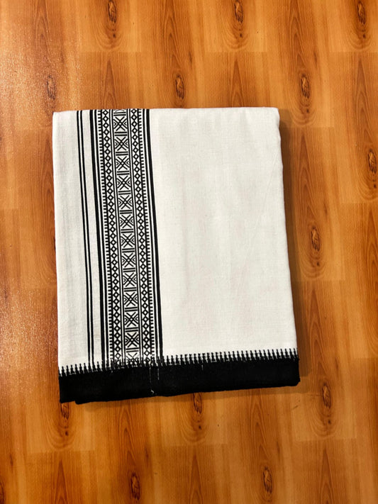 Kaitharikada - Single Kaily / Lungi - Mixed Cotton - 40s twisted - 3 inch Black Printed Design Kuppadam kara with White colour body (2 meter / 4 muzham) - 6 KK8069 GAN