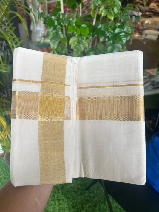 25% DISCOUNT!! KaithariKada HANDLOOM MILLPAAV Balaramapuram - 100% PURE Cotton OFF White - (Unbleached) Double Mundu/Dothi - 2 inch Gold Kasavu design Striped kara - 6KK5170RAM