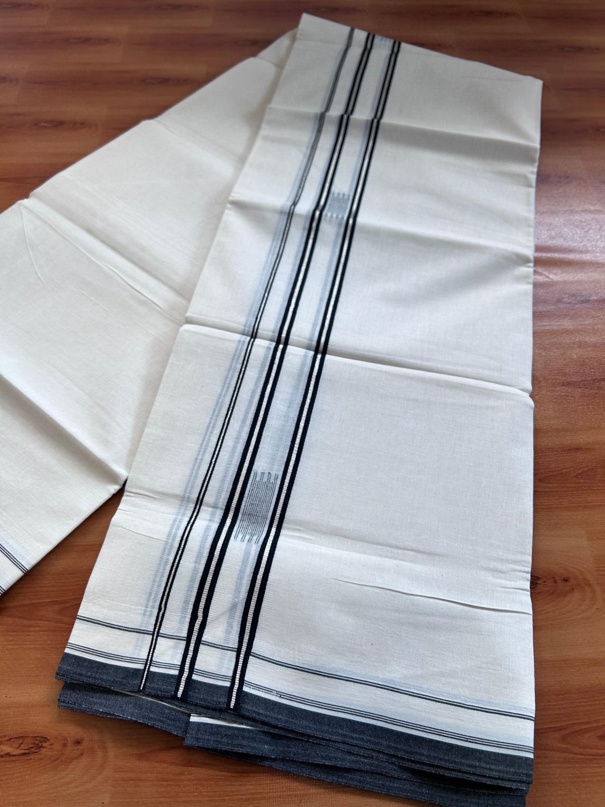 Double Off White (Unbleached) Mundu/Dhoti- 20% Discount! KaithariKada Pure Cotton - 100X80 - 1.5 inch Silver Kasav & Black Jaquard Design Kara - 4 mtr (8.5 Muzham) - 19 KK5510 VAS