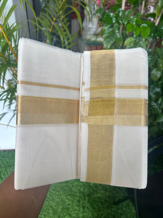 25% DISCOUNT!! KaithariKada HANDLOOM MILLPAAV Balaramapuram - 100% PURE Cotton OFF White - (Unbleached) Double Mundu/Dothi - 2 inch Gold Kasavu design side Striped kara - 7KK5170RAM