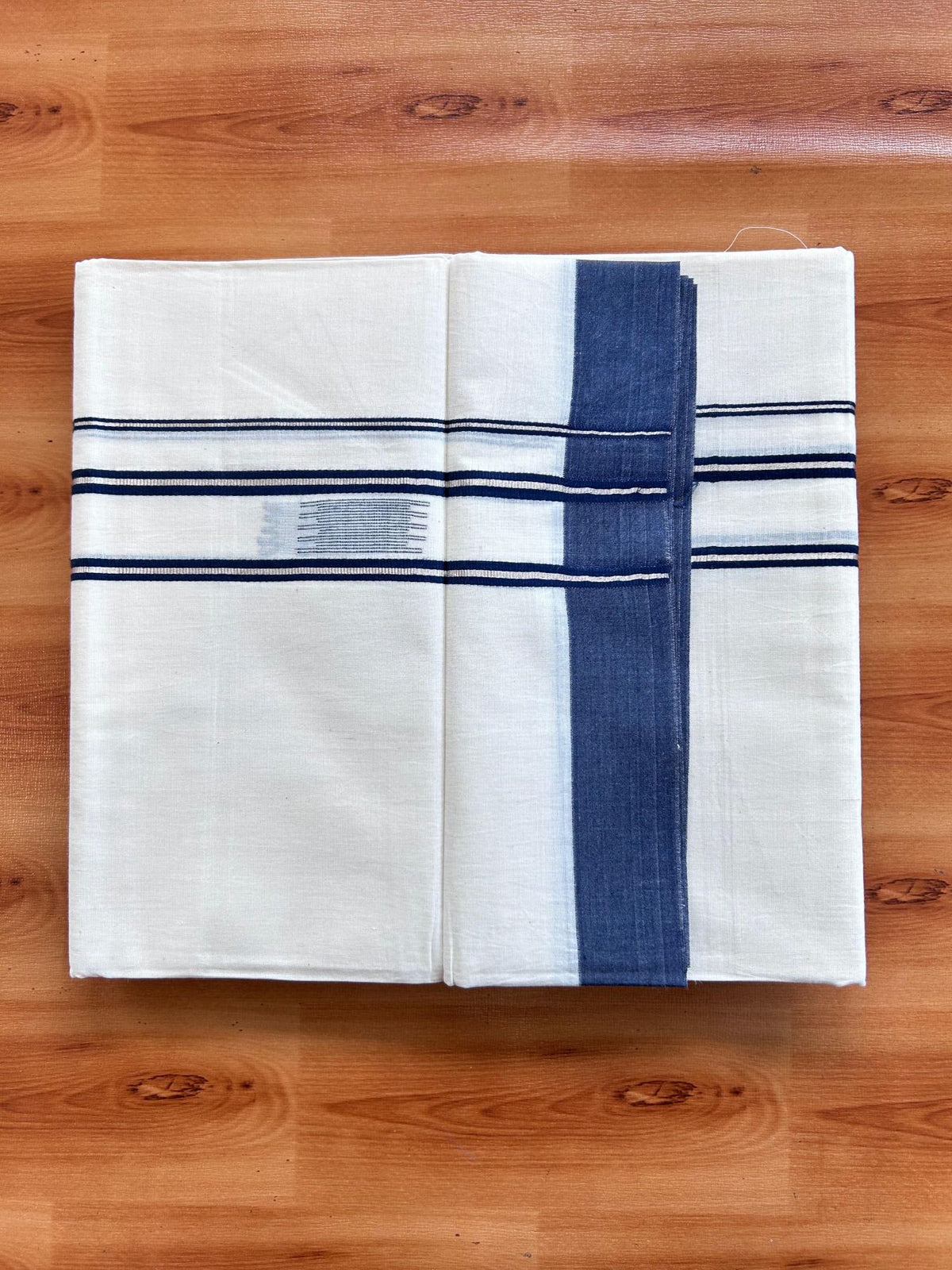 Double Off White (Unbleached) Mundu/Dhoti- 20% Discount! KaithariKada Pure Cotton - 100X80 - 1.5 inch Silver Kasav & Navy Blue Jaquard Design Kara - 4 mtr (8.5 Muzham) - 20 KK5510 VAS