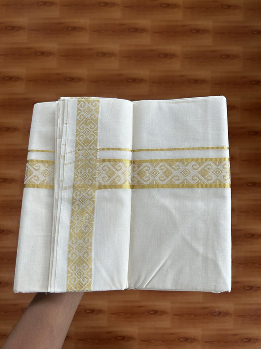 Double Off White - (Unbleached) Mundu/Dhoti - 20% Discount!! Kaitharikada Balaramapuram Pure Cotton - 60s - 1.5 inch Gold Kasav Jacquard Design Kara 4 mtr (8.5 muzham) - 2 KK5395 GAN