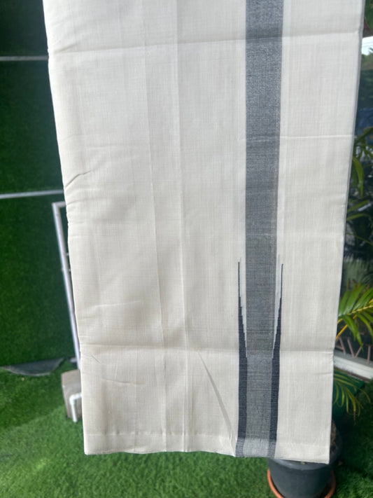 25% DISCOUNT! KaithariKada BALARAMAPURAM HANDLOOM MILLPAAV - 100% PURE Cotton Off white (Unbleached) Double Mundu/Dhoti - 1.25 inch BLACK  & Silver Kasav Chutty Kara - 8KK5170RAM