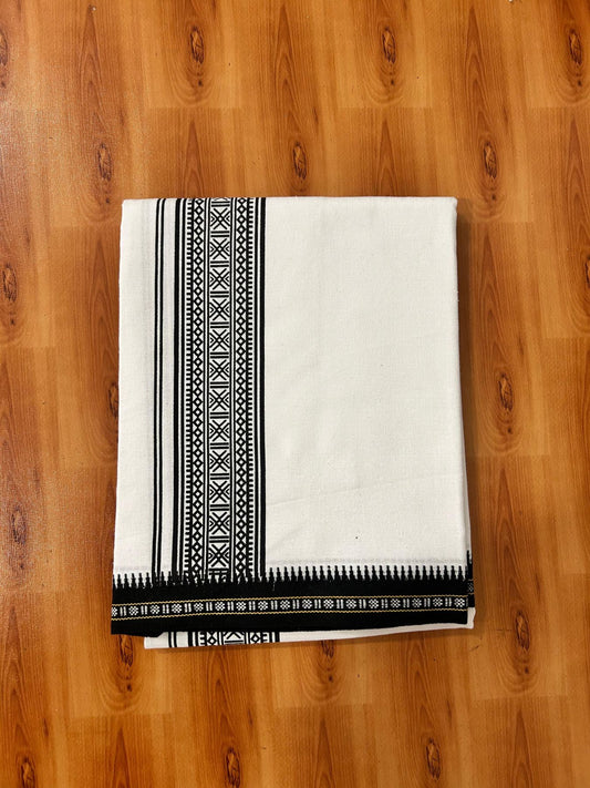 Kaitharikada - Single Kaily / Lungi - Mixed Cotton - 40s twisted - 3 inch Black Printed Design Kuppadam kara with White colour body (2 meter / 4 muzham) - 4 KK8069 GAN