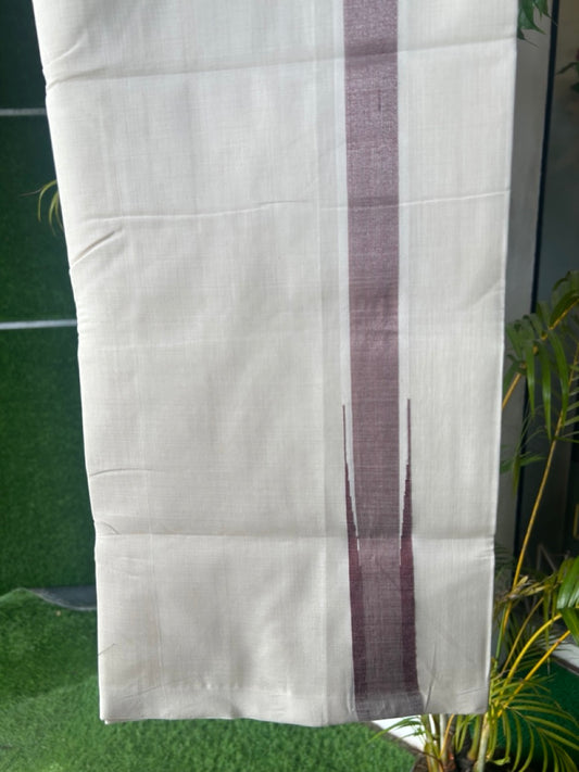 25% DISCOUNT! KaithariKada BALARAMAPURAM HANDLOOM MILLPAAV - 100% PURE Cotton Off white (Unbleached) Double Mundu/Dhoti - 1.25 inch Dark Maroon & Silver Kasav Chutty Kara - 10KK5170RAM