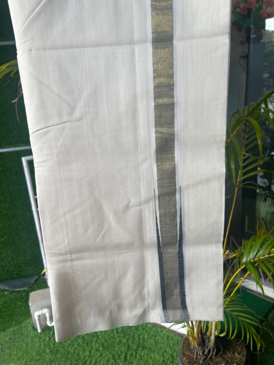25% DISCOUNT! KaithariKada BALARAMAPURAM HANDLOOM MILLPAAV - 100% PURE Cotton Off white (Unbleached) Double Mundu/Dhoti - 1.25 inch BLACK & Gold Kasav Chutty Kara - 9KK5170RAM