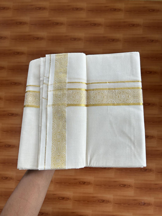 Double Off White - (Unbleached) Mundu/Dhoti - 20% Discount!! Kaitharikada Balaramapuram Pure Cotton - 60s - 1.5 inch Gold Kasav Jacquard Design Kara 4 mtr (8.5 muzham) - 5 KK5395 GAN