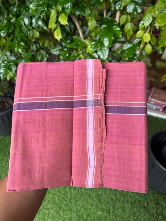 10% Discount !! KaithariKada 100% Pure Cotton - HANDLOOM Single Mundu/Dhoti Brown Pink Shaded COLOUR BODY & Violet 1.5 cm Kara- (2 meter / 4 muzham)- 10KK8025 ELA