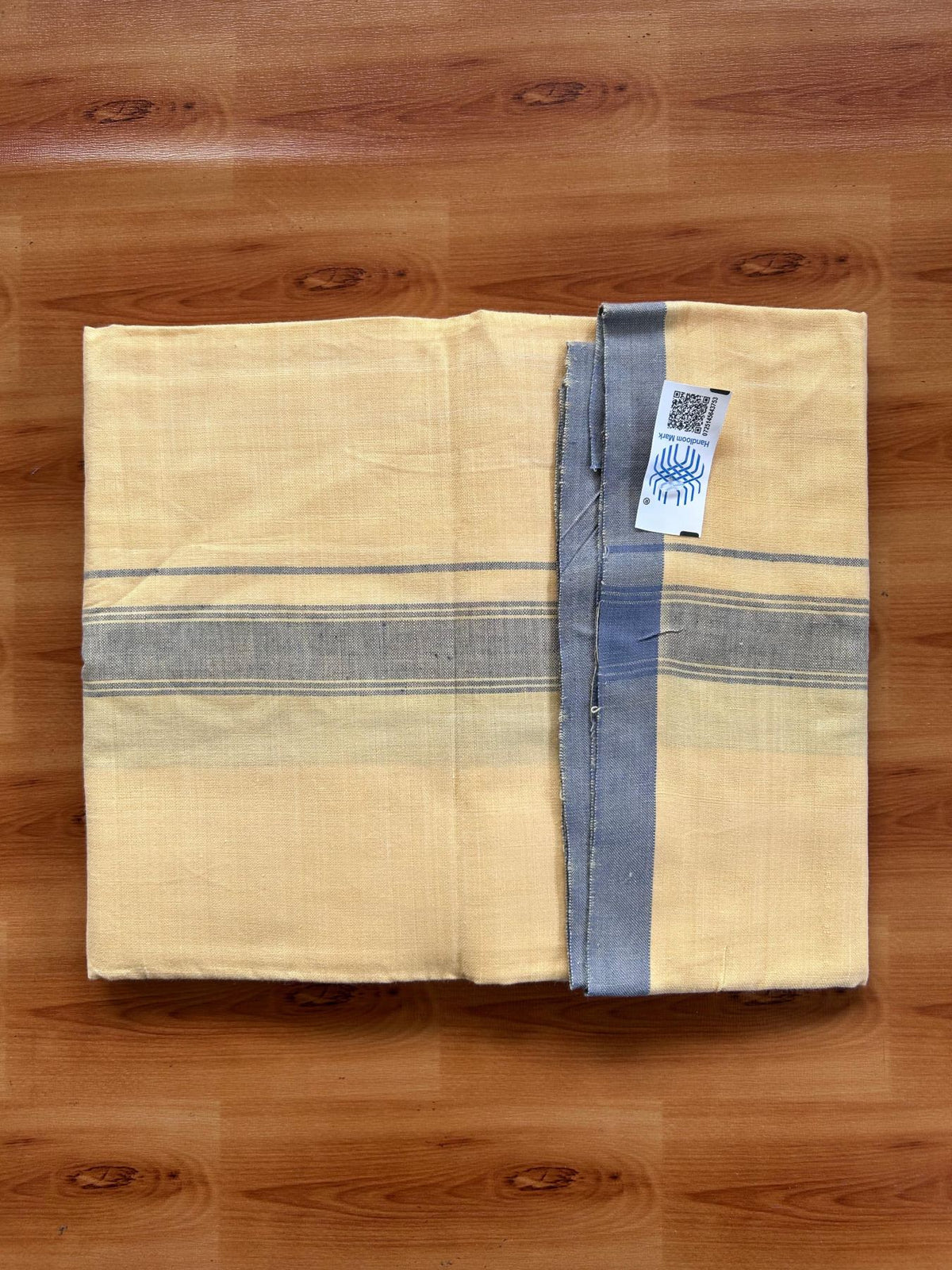 Kannur Kavi Dhoti - KaithariKada Kerala Handloom Single Mundu/Dhoti - 100% Pure Cotton 2/40x26s Thread - Kannur Yellow colour Body 1.25 inch Ash Blue shaded striped Kara - 5 KK8078 KAL