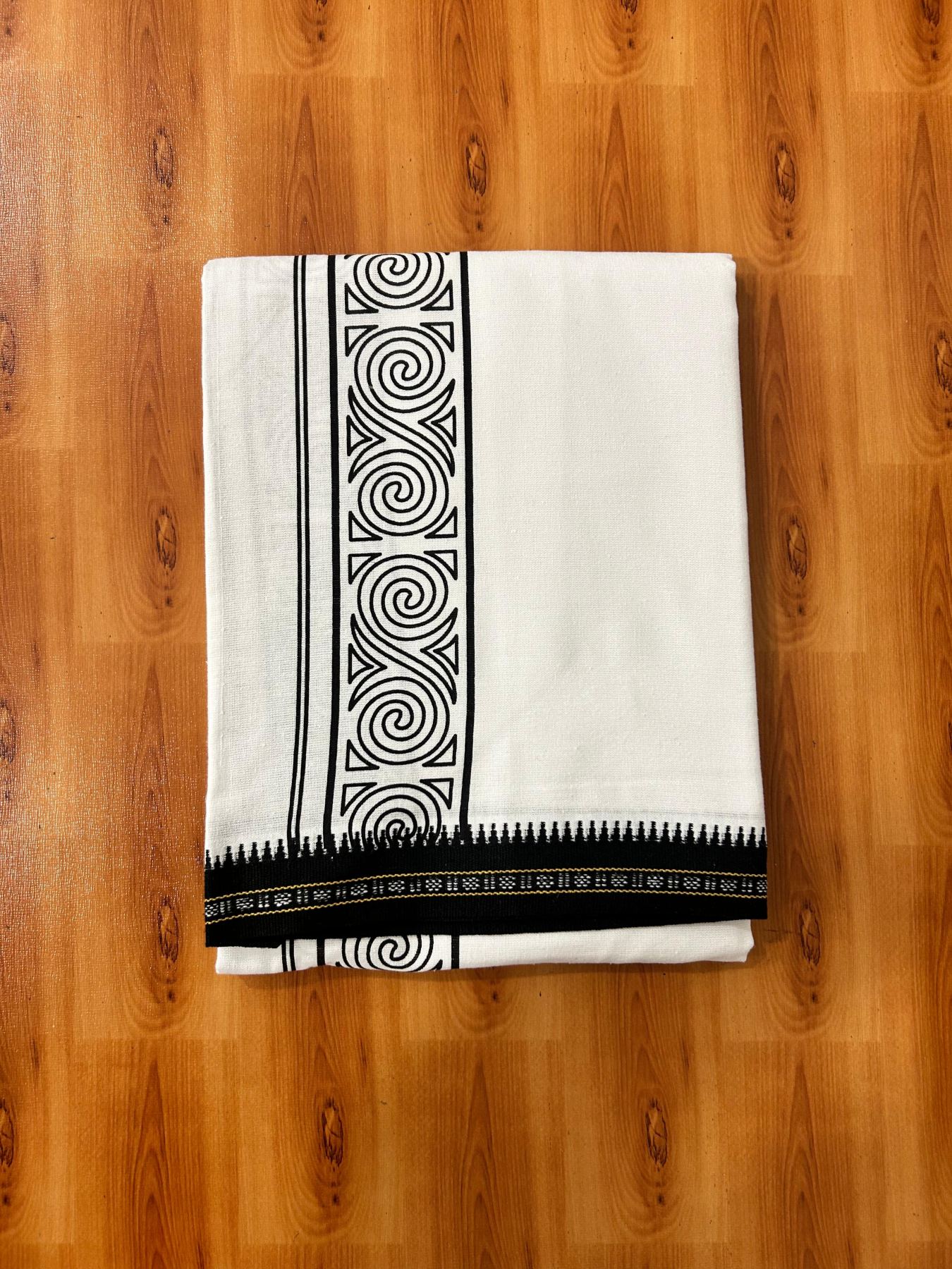 Kaitharikada - Single Kaily / Lungi - Mixed Cotton - 40s twisted - 3 inch Black Printed Design Kuppadam kara with White colour body (2 meter / 4 muzham) - 3 KK8069 GAN