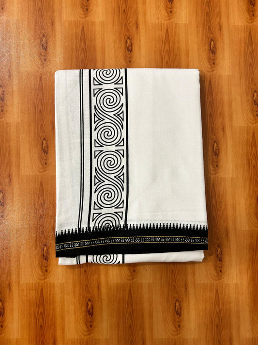 Kaitharikada - Single Kaily / Lungi - Mixed Cotton - 40s twisted - 3 inch Black Printed Design Kuppadam kara with White colour body (2 meter / 4 muzham) - 3 KK8069 GAN