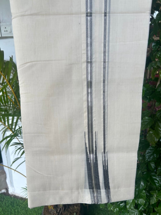 25% DISCOUNT!! KaithariKada HANDLOOM MILLPAAV Balaramapuram - 100% PURE Cotton OFF White Double - (Unbleached) Mundu/Dothi - 1 inch Puliyilakkara Black & Silver kasavu Stripes Double chutty Kara - 12KK5170RAM