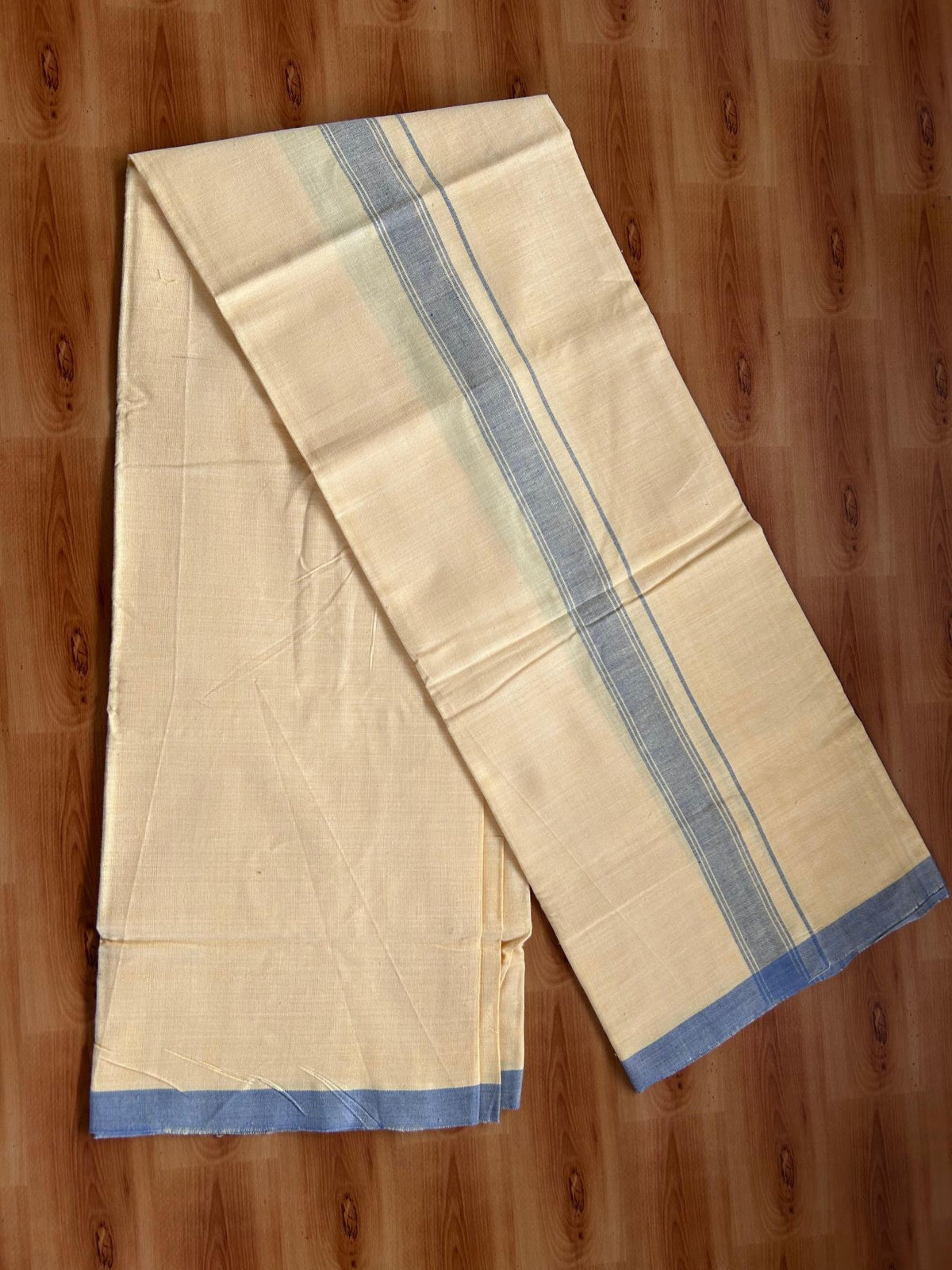 Kannur Kavi Dhoti - KaithariKada Kerala Handloom Single Mundu/Dhoti - 100% Pure Cotton 2/40x26s Thread - Kannur Yellow colour Body 1.25 inch Ash Blue shaded striped Kara - 5 KK8078 KAL