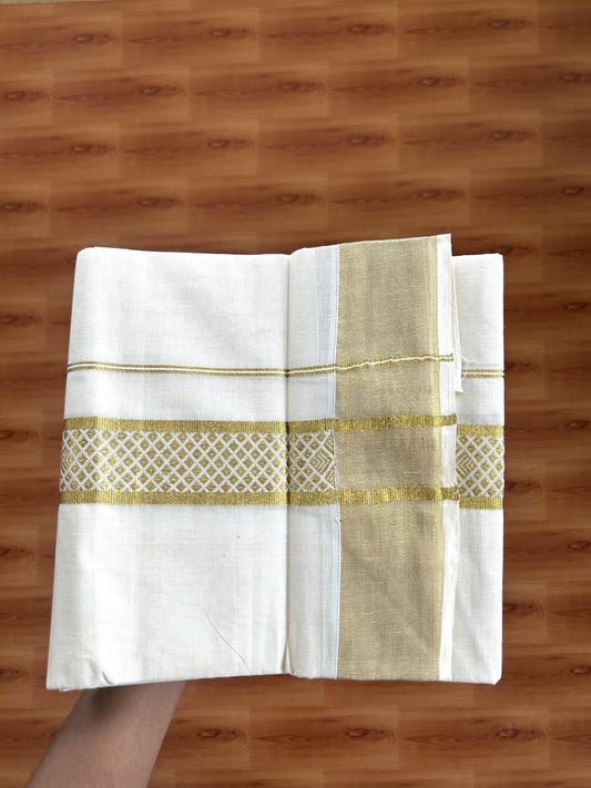 Double Off White - (Unbleached) Mundu/Dhoti - 20% Discount!! Kaitharikada Balaramapuram Pure Cotton - 60s - 1.5 inch Gold Kasav Jacquard Design Kara 4 mtr (8.5 muzham) - 8 KK5395 GAN