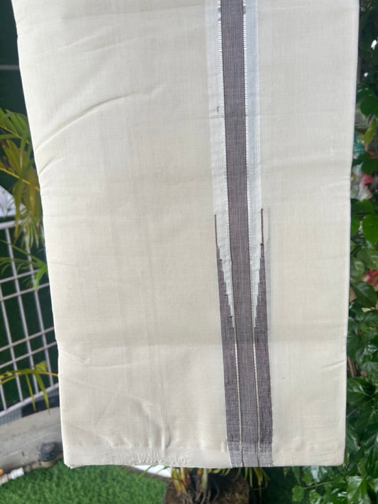 25% DISCOUNT!! KaithariKada HANDLOOM MILLPAAV Balaramapuram - 100% PURE Cotton OFF White Double - (Unbleached) Mundu/Dothi - 1.5 inch Puliyilakkara BROWN  & Silver Kasavu chutty Kara - 13KK5170RAM