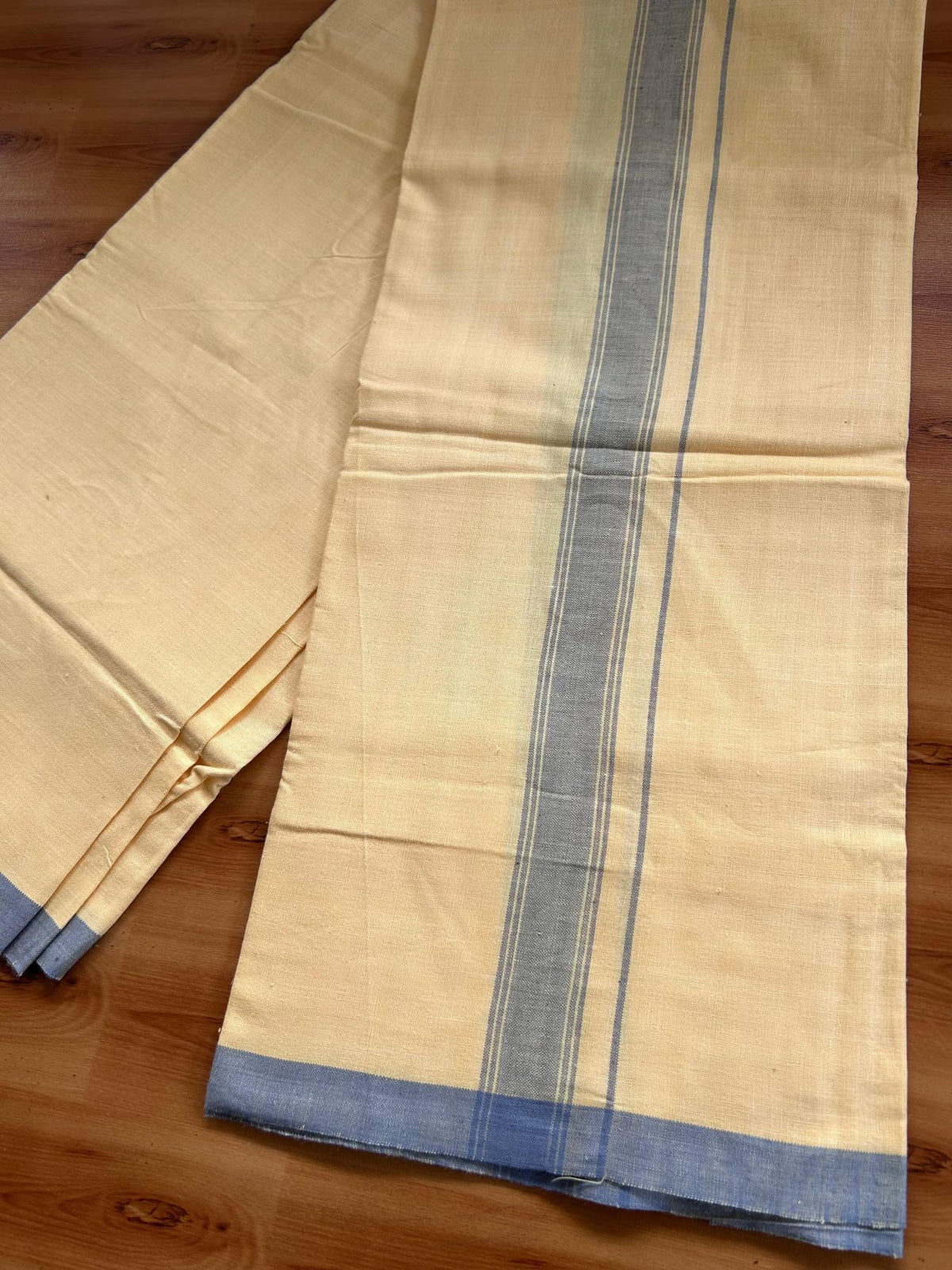 Kannur Kavi Dhoti - KaithariKada Kerala Handloom Single Mundu/Dhoti - 100% Pure Cotton 2/40x26s Thread - Kannur Yellow colour Body 1.25 inch Ash Blue shaded striped Kara - 5 KK8078 KAL