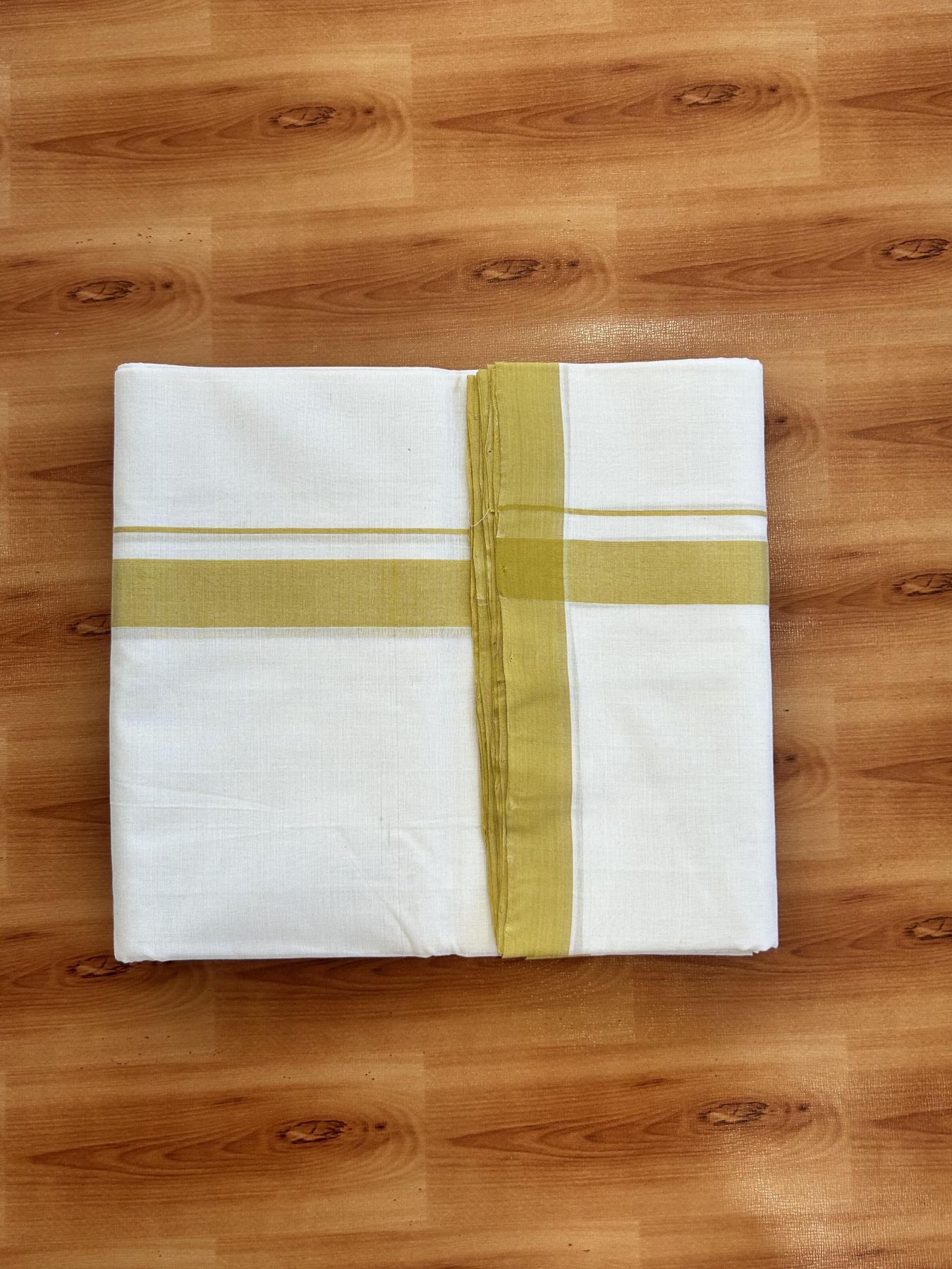 Double Off White (Unbleached) Mundu/Dhoti - 25% Discount!! KaithariKada Handloom Unakkupaav - Kerala Handloom - 100% Pure Cotton - 100x80 - 1 inch Yellow Shaded Kara 3.80 meter (8 muzham) - 42 KK5436 REA