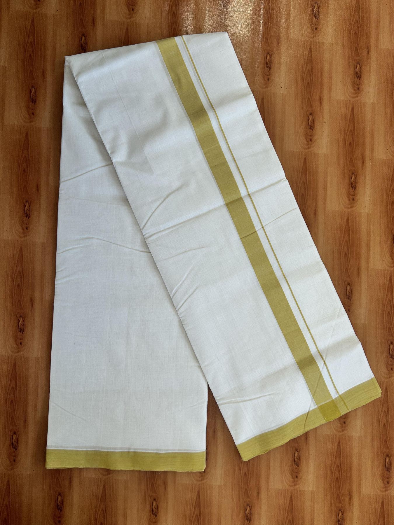 Double Off White (Unbleached) Mundu/Dhoti - 25% Discount!! KaithariKada Handloom Unakkupaav - Kerala Handloom - 100% Pure Cotton - 100x80 - 1 inch Yellow Shaded Kara 3.80 meter (8 muzham) - 42 KK5436 REA