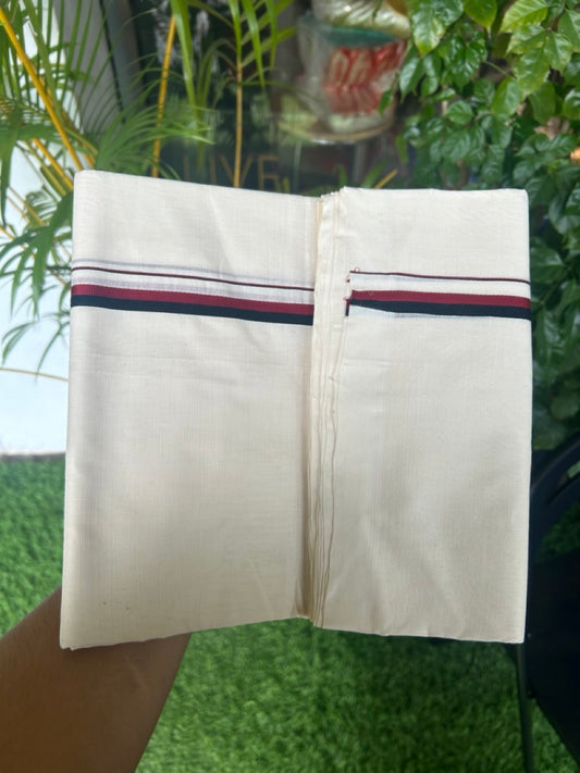 DMK Veshti - 25% Discount!!! KaithariKada HANDLOOM UNAKKUPAAV Balaramapuram - 100% PURE Cotton off white (Unbleached) Double Mundu/Dhoti - 0.5 inch Light Maroon & Black kara DMK - 14KK5170RAM