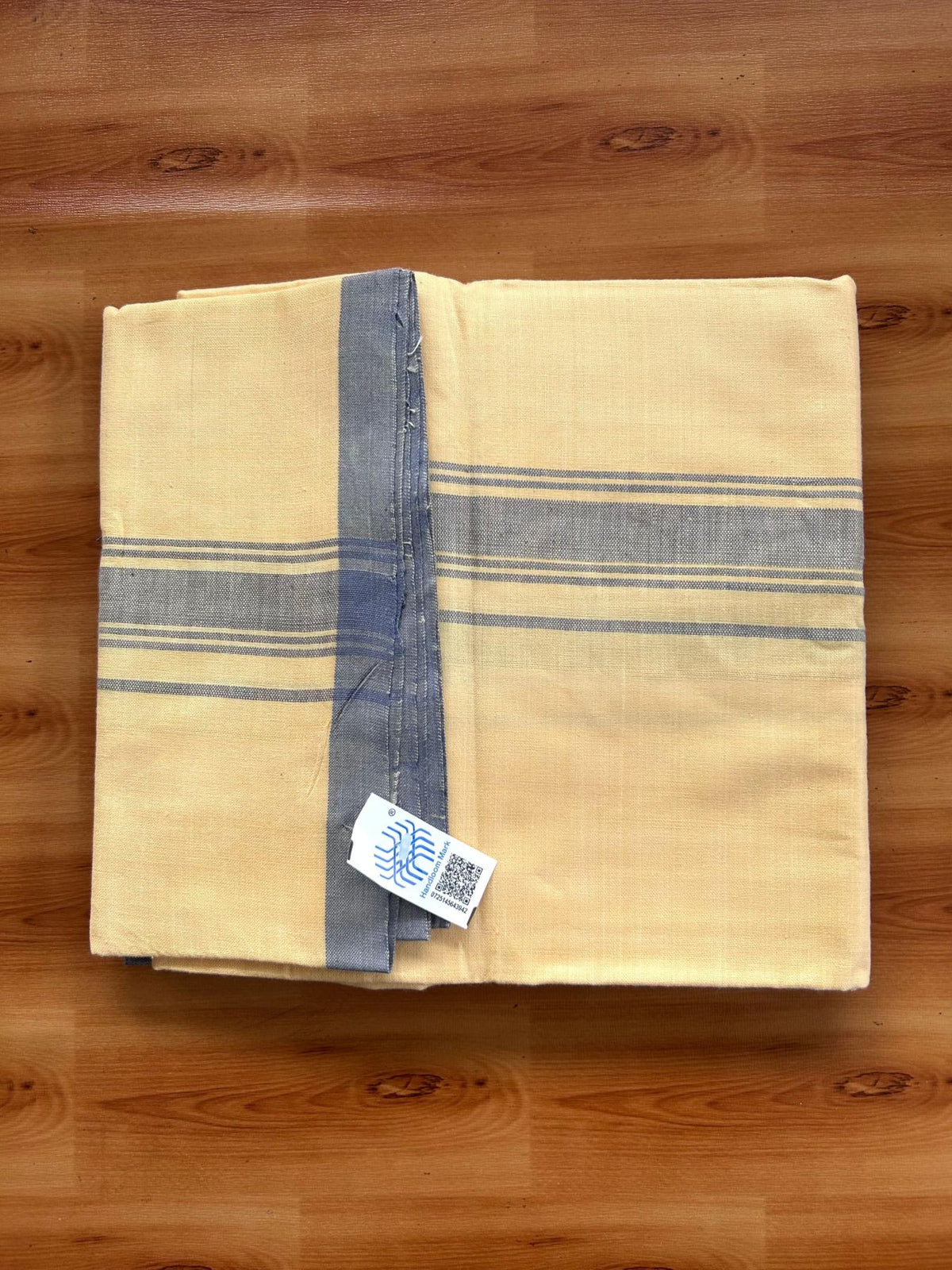 Kannur Kavi Dhoti - KaithariKada Kerala Handloom Single Mundu/Dhoti - 100% Pure Cotton 2/40x26s Thread - Kannur Yellow colour Body 1.25 inch Ash Blue shaded striped Kara - 4 KK8078 KAL