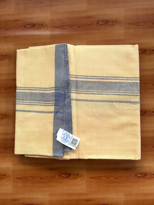 Kannur Kavi Dhoti - KaithariKada Kerala Handloom Single Mundu/Dhoti - 100% Pure Cotton 2/40x26s Thread - Kannur Yellow colour Body 1.25 inch Ash Blue shaded striped Kara - 4 KK8078 KAL